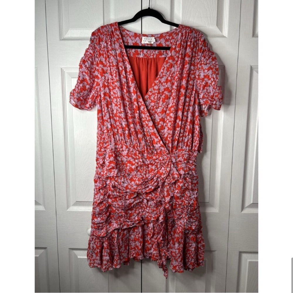 Tanya Taylor Zora Red Pink Floral Silk Blend Ruched Mini Dress Women's Size 16